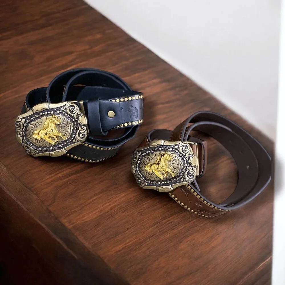 Black Western Tooled Leather Belt Oversized Buckle Gold Horse & Barbed Wire NWT